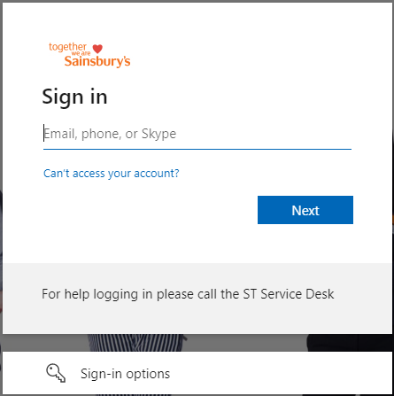 On the Mysainsburys Learning Login page, Enter your Email, Phone or Skype name in the required field and enter "Next".